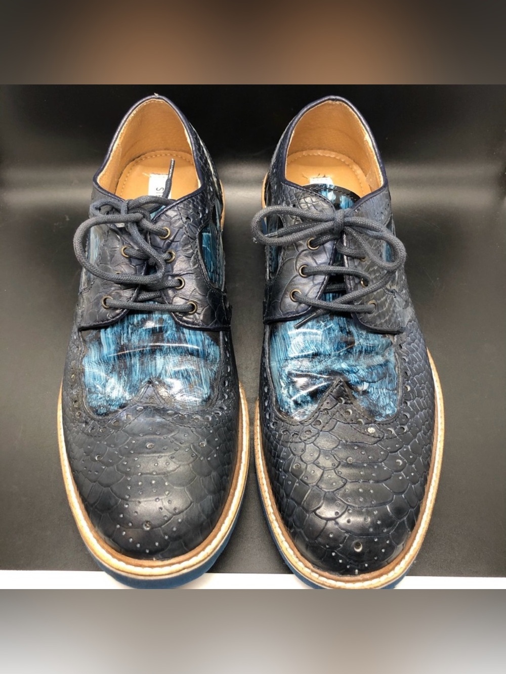 Steve Madden Blue Crocodile Croc Embossed Exotic Brogue Oxford Shoes Size 9
